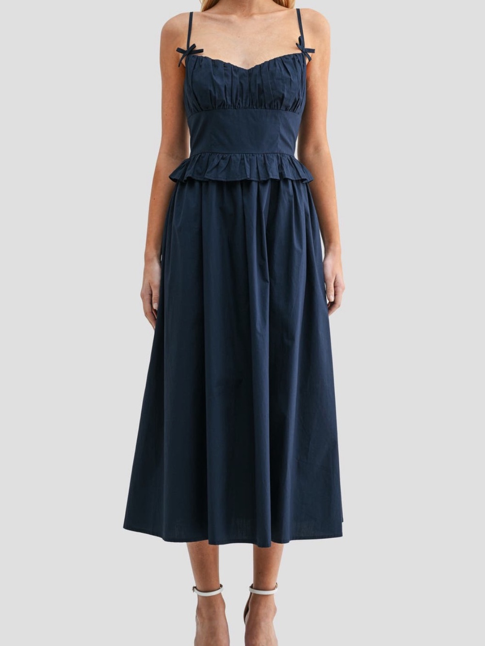 All in Favor Navy Ruffle-Waist Midi Dress with Tie Straps